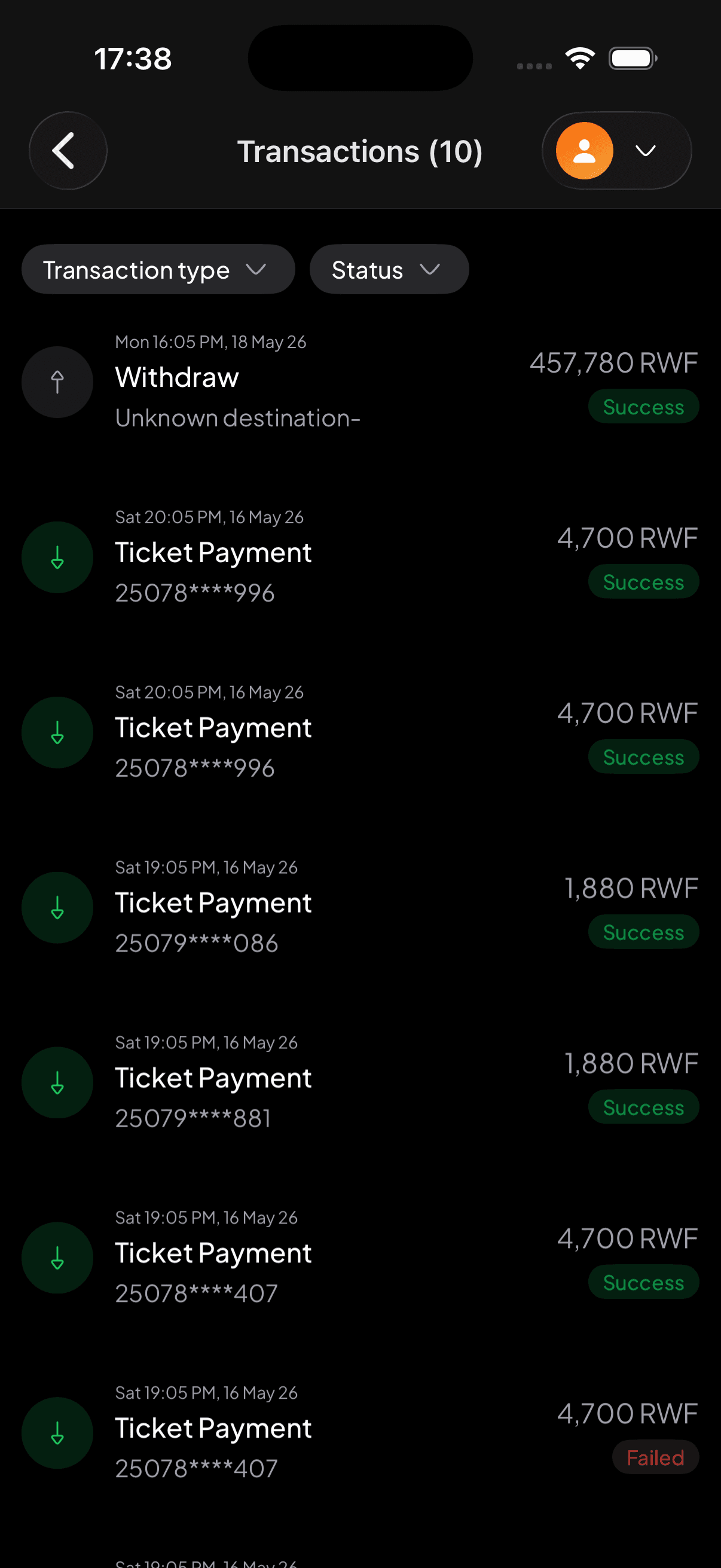 Transactions: recent payments and withdrawals