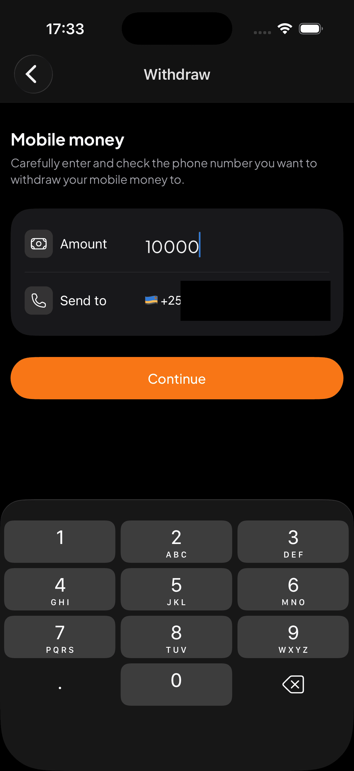 Withdraw: amount and mobile money number