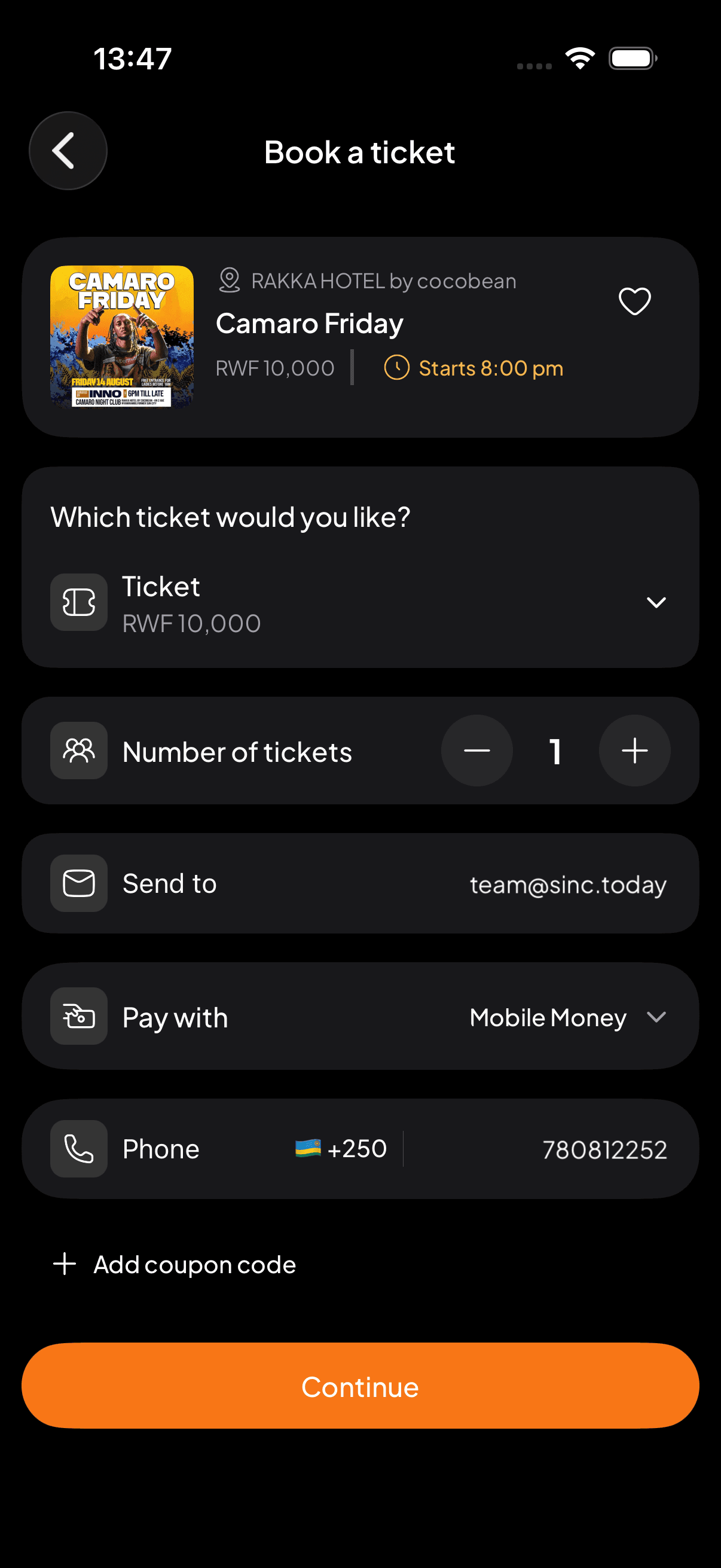 Checkout: ticket selection