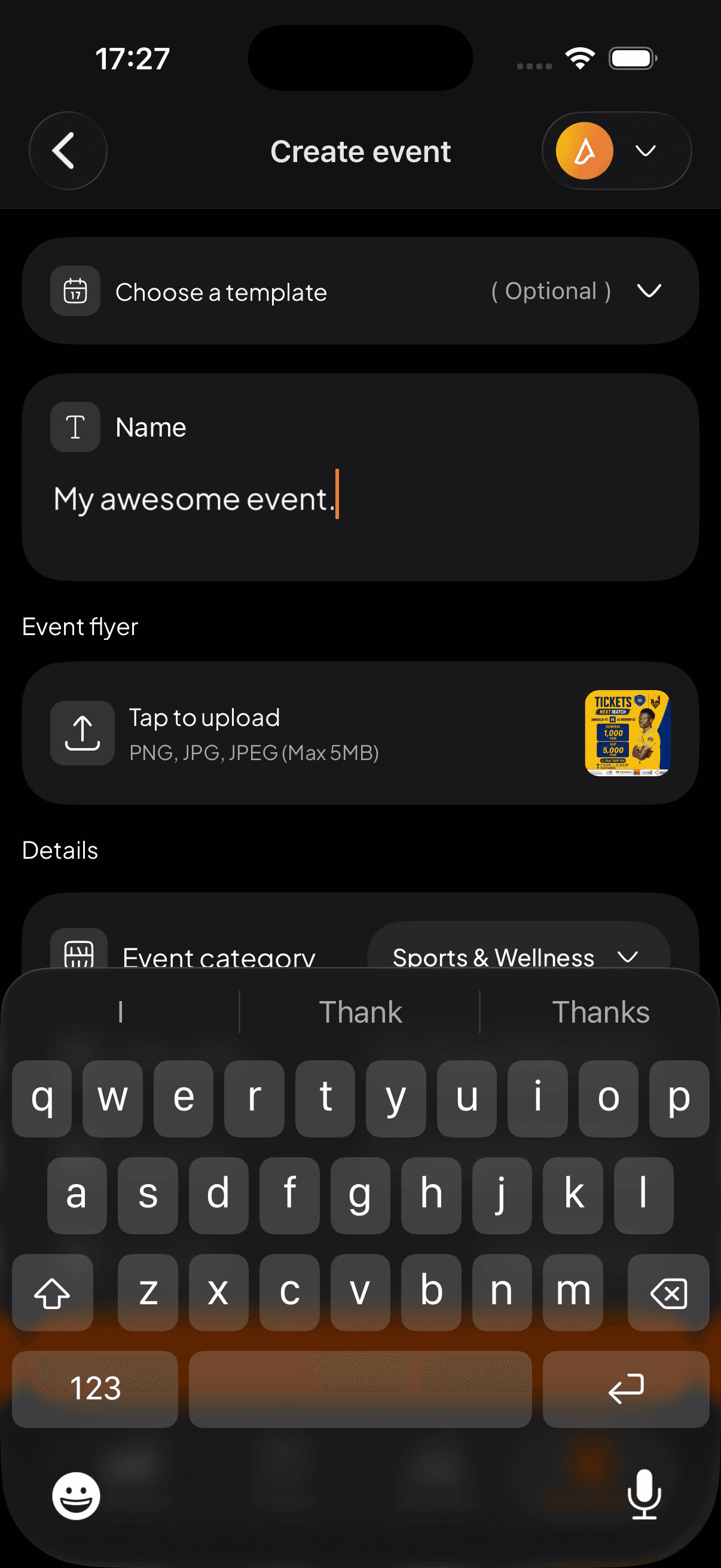 Create event: name, flyer and category