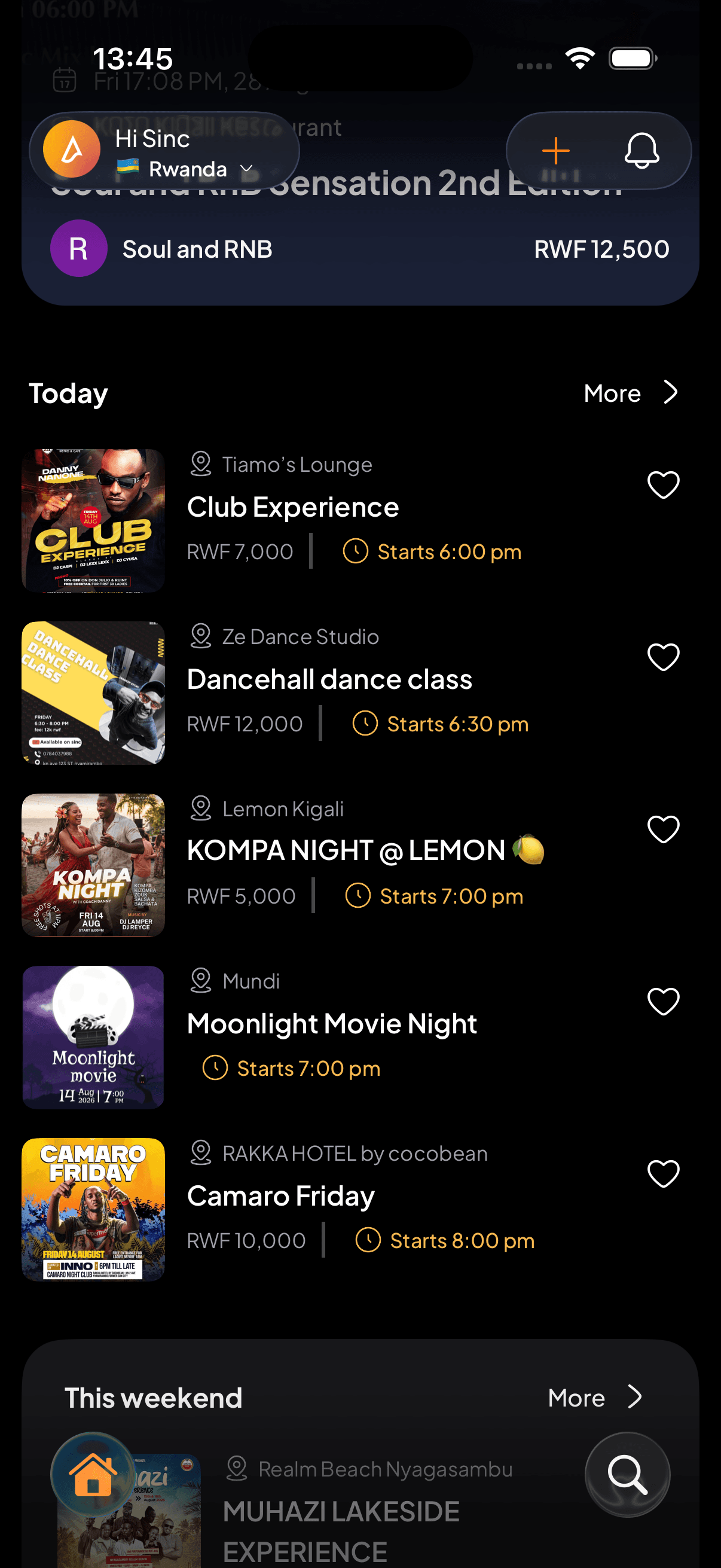 The Sinc feed, showing events near you